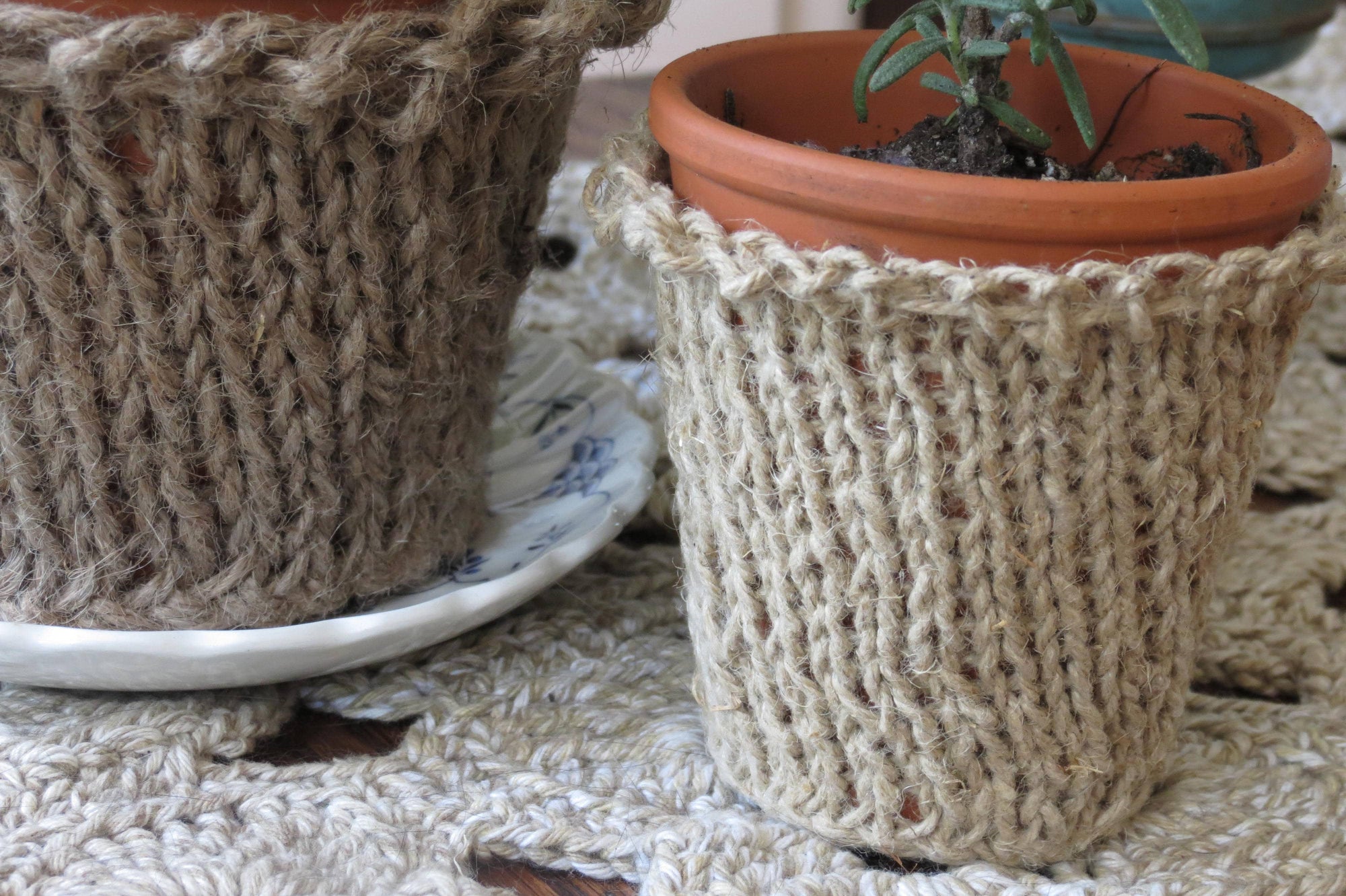 Beautiful hand crocheted pot covers.